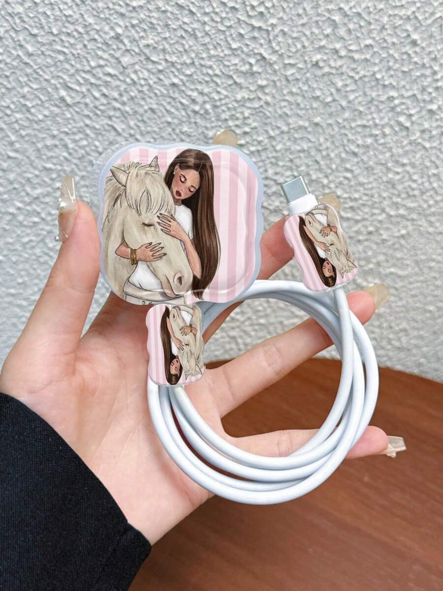 3pcs Set Data Cable Charger Protective Sleeve Striped Girl Horse Combination Pattern Suitable For UK Standard Apple Fast Charger 20W UK Standard Charger Use Anti-Break Charger Protector - Multicolor - View 1