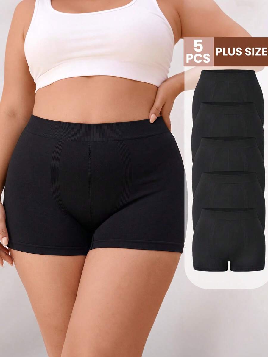 5pcs Plus Size Seamless Boxer Briefs, Warm Thermal Underwear For Autumn/Winter, Soft Daily Basic Underwear - Black - View 1