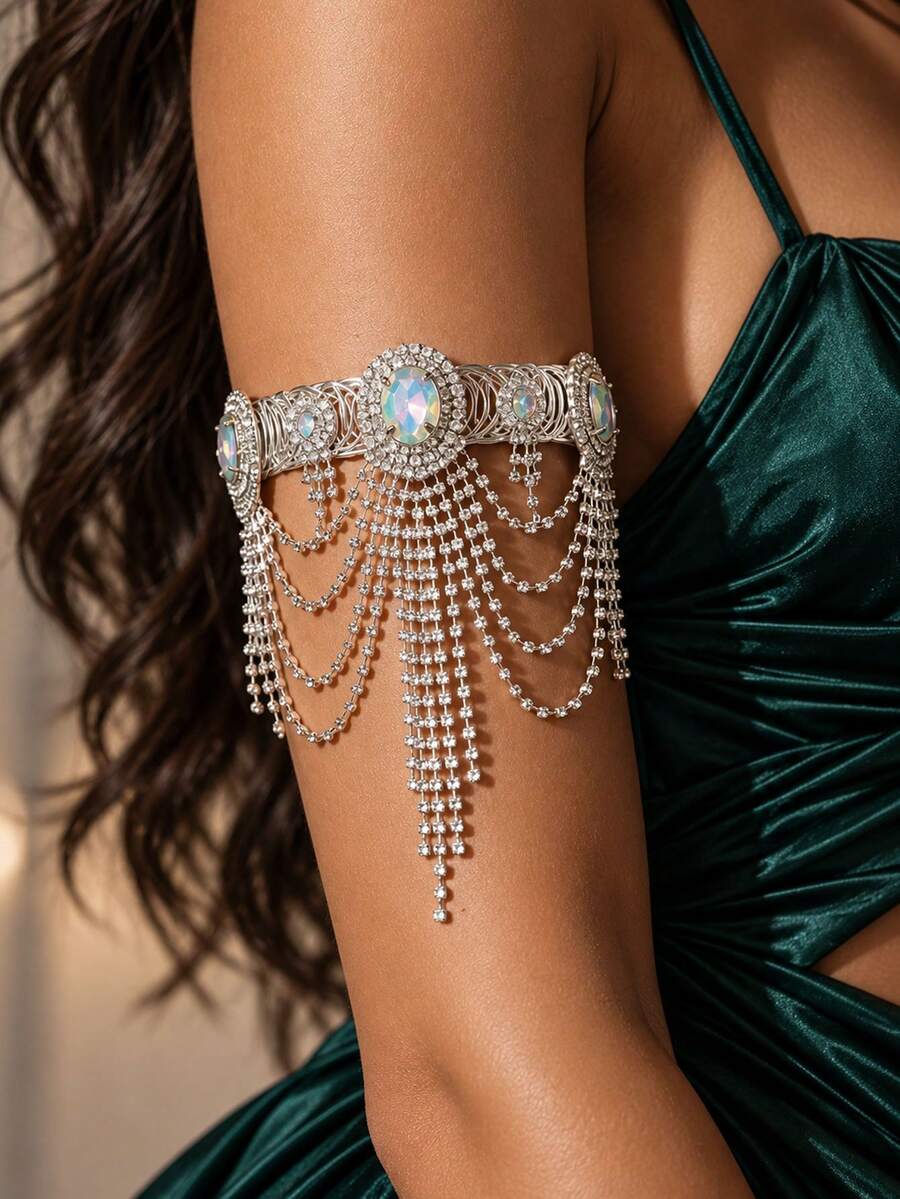 XYHEALER 1pc Sparkling Rhinestone Upper Arm Bracelet For Women Crystal Tassel Arm Cuff With Cascading Chains, Elegant Bridal Wedding Jewelry Prom Party Armlet - Multicolor - View 1