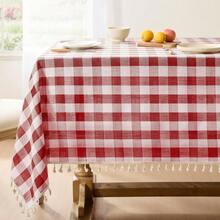 Red And White Plaid Tablecloth With Tassel Trim, Rectangular Checkered Pattern Table Cover, Washable Country Style Dining Tablecloth, Suitable For Kitchen Dining And Holiday Party Decoration - Red and White - View 1