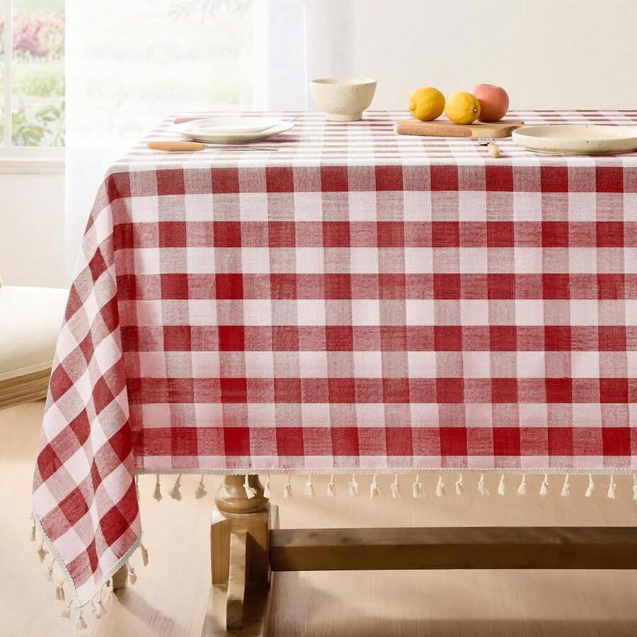Red And White Plaid Tablecloth With Tassel Trim, Rectangular Checkered Pattern Table Cover, Washable Country Style Dining Tablecloth, Suitable For Kitchen Dining And Holiday Party Decoration - Red and White - View 1
