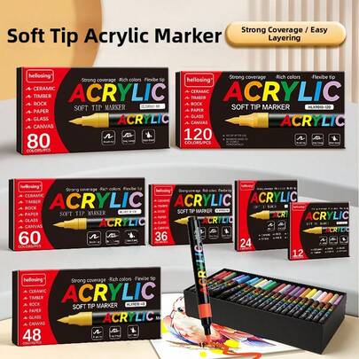 1pc 12/24/36/48/60/80/120 Colors Boxed Cotton Core Acrylic Markers, High Concentration Acrylic Ink, Clear Color On Black Paper And Black Card, Cap And Body Color Matching, Great For Hand-Drawn Posters, Model Decoration, Art Graffiti