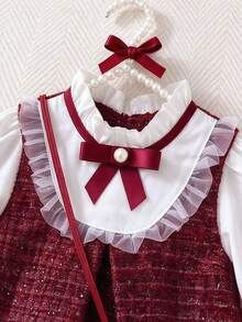 Baby Girl Wool Blend Dress, 2 In 1 Christmas Dress, Patchwork Red Outfit With Bowknot Collar Design, Baby Girl Daily Autumn/Winter Dress - Burgundy - View 7