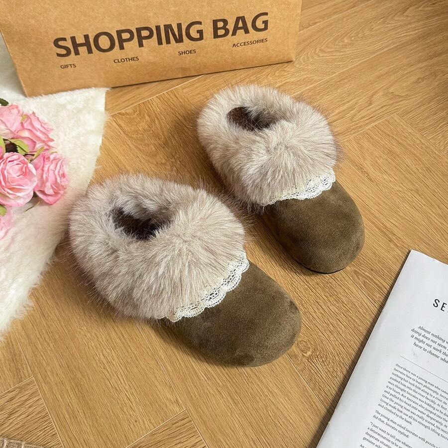 Premium Suede Women's Furry Mule Slippers, Luxurious Fluffy Fur Trim With Delicate Lace, Slip-On Backless Warm Winter House & Outdoor Slides