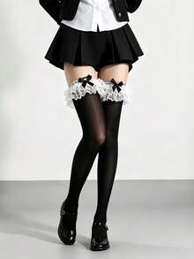 Women's Ruched Lace Bow Over-The-Knee Socks, Sweet Lolita Style Over-The-Knee Socks, Elastic Non-Slip Sheer Socks, Suitable For Cosplay Daily Wear And Parties - Black - View 6