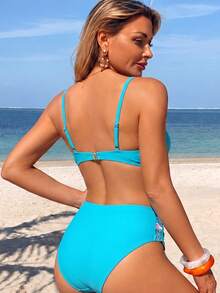 WaveBikini Teal Tropical Floral Print Colorblock High Waist Bikini Set, Beach Vacation Tropical Fresh Style - Multicolor - View 2
