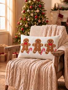 1pc Christmas Gingerbread Man & Candy Cane Waist Pillow Case, Cream Color Rectangular Decorative Cushion Cover With Textured Brown Pattern And Red Bow Detail, Suitable For Sofa, Bedroom And Winter Holiday Home Decor, Pillow Insert Not Included - Gingerbread Man - View 4