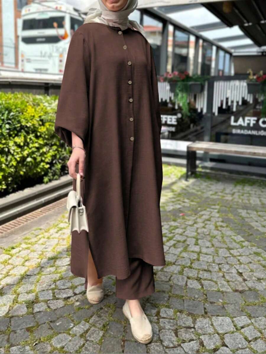 2pcs Women's Brown Linen Style Long Sleeve Cardigan And Wide Leg Pants Spring Casual Suit Fall - Coffee Brown - View 1