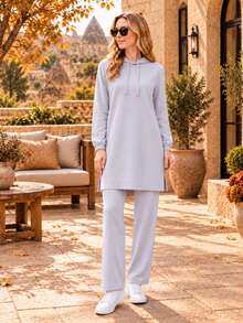 Elegant Two-Piece Set With Long Hood And Wide-Leg Pants – Simple And Comfortable Fit - Light Grey - View 1
