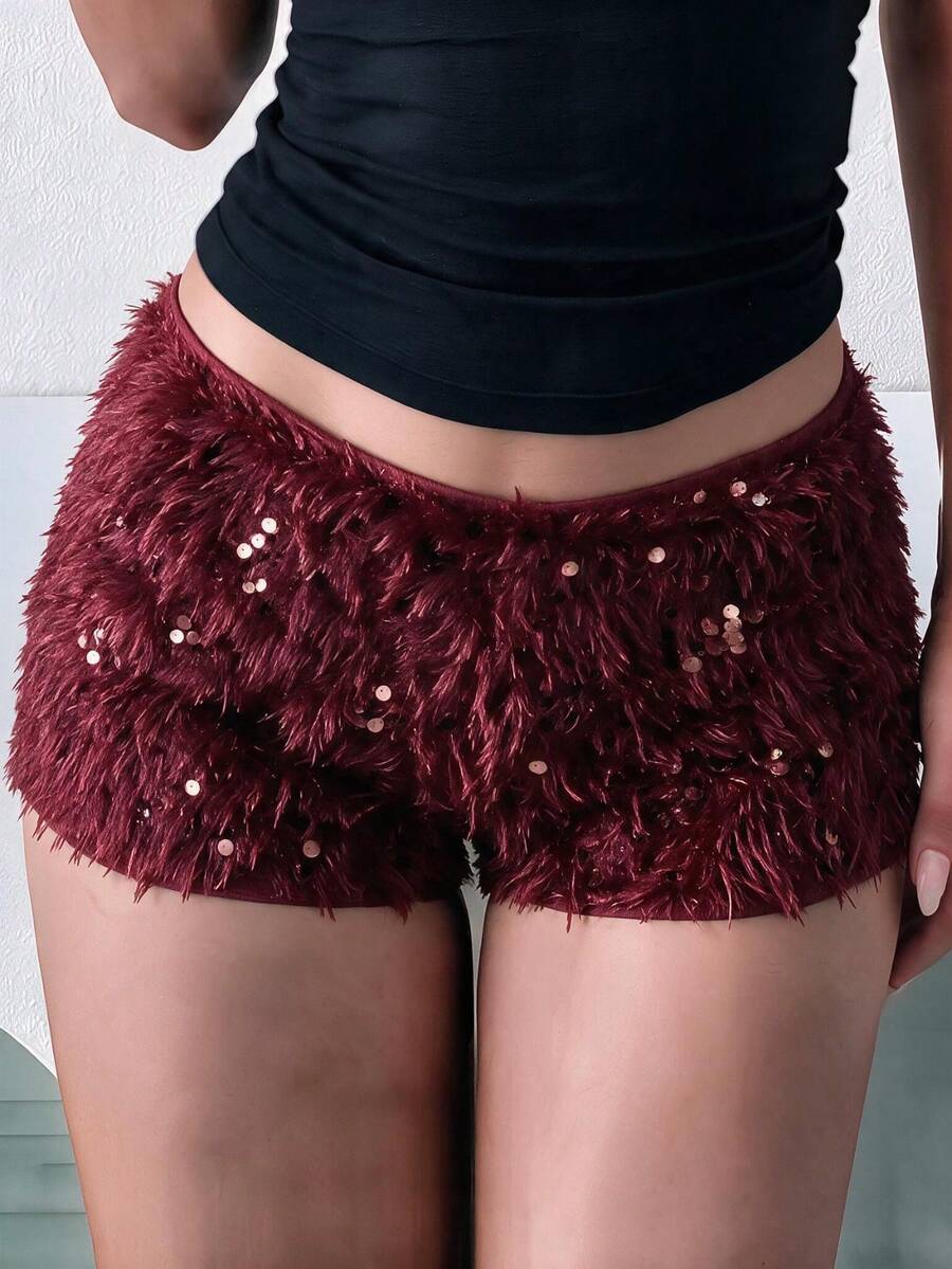 Women's Street Style Vacation Party Sequin Plush Shorts - Burgundy - View 1