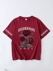 Women's Plus-Size Casual, Versatile, And Simple Short-Sleeve T-Shirt With Rose Print - Burgundy - View 3