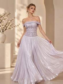 Elegant Women's Light Purple, Heavy Beaded Embroidery, Off-Shoulder Long Evening Dress - Mauve Purple - View 2