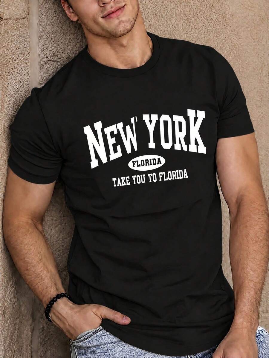 Simple  Style Men's Short Sleeve T-Shirt, NEW YORK FLORIDA Retro College Letter Print, Versatile for Casual Outings and Camping