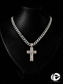 1pc European And American Hip Hop Style Jesus Cross Pendant Necklace, Copper Inlaid Zirconia, 7mm Stainless Steel Cuban Chain, Street Style Men's Versatile Accessory - Jesus Cross - View 1