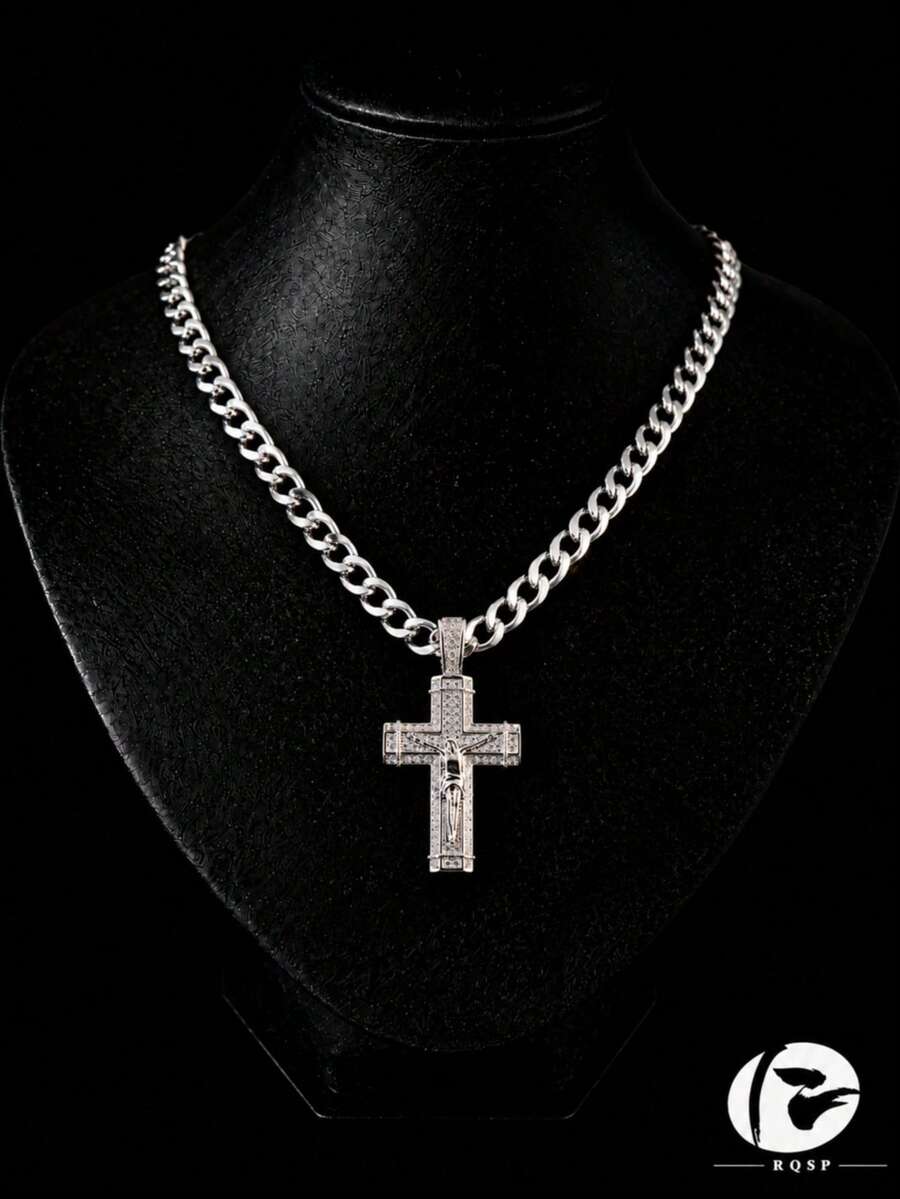 1pc European And American Hip Hop Style Jesus Cross Pendant Necklace, Copper Inlaid Zirconia, 7mm Stainless Steel Cuban Chain, Street Style Men's Versatile Accessory - Jesus Cross - View 1
