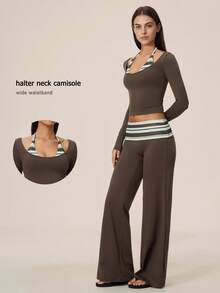 NcmRyu One Set Women's Fashion Contrast Color Striped Halter Neck Faux Two Pieces Long Sleeve Cropped Top Straight Leg Wide Leg Pants Sports Set - Brown - View 2