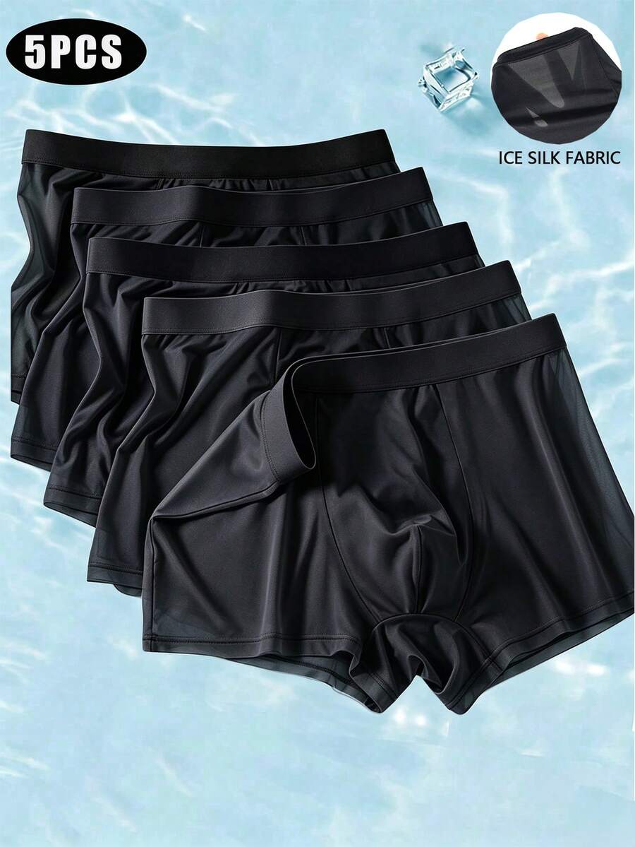 5pcs Men's Boxer Briefs, Semi-Sheer Underwear Shorts Pajama Pants Solid Color Men's Underwear