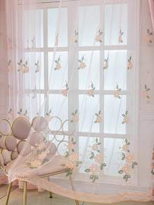 1PC Rod Pocket Pink Base Vertical Floral Embroidered Sheer Curtain, Translucent Non-See-Through Window Sheer, Sweet Girl Children's Bedroom Bay Window Finished Sheer Curtain - Multicolor - View 10