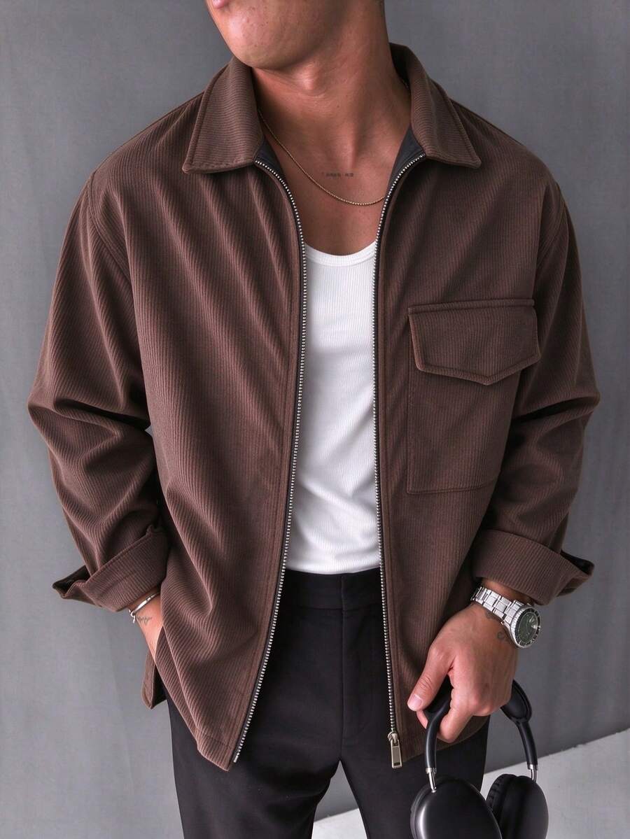 Men's Autumn/Winter Vintage Fashion Versatile Jacket, Turn-Down Collar Casual Daily Commute Outerwear - Coffee Brown - View 1