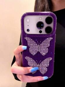 Ins Vintage Polka Dot Butterfly Solid Color Protective Case Compatible With Iphone 17 Pro Max/16 Pro/15, Personalized Women's Anti-Drop Girly Phone Shell - Purple - View 1