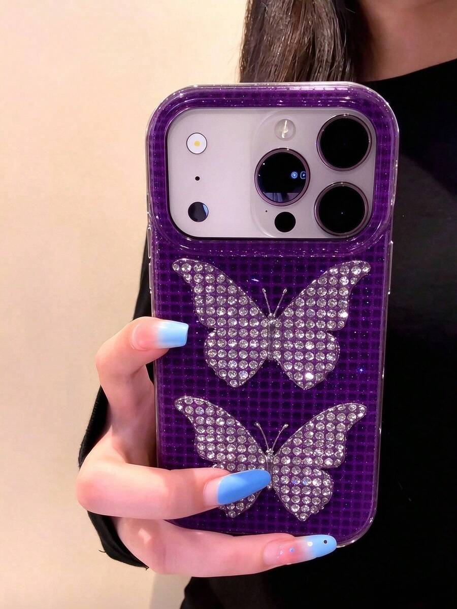 Ins Vintage Polka Dot Butterfly Solid Color Protective Case Compatible With Iphone 17 Pro Max/16 Pro/15, Personalized Women's Anti-Drop Girly Phone Shell - Purple - View 1