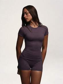 PinkTip Summer Basic Fitness Set, High Waist Summer Clothing Casual And Holiday Essential, Summer Purple Short Sleeve And Purple Shorts Set Sports - Purple - View 4