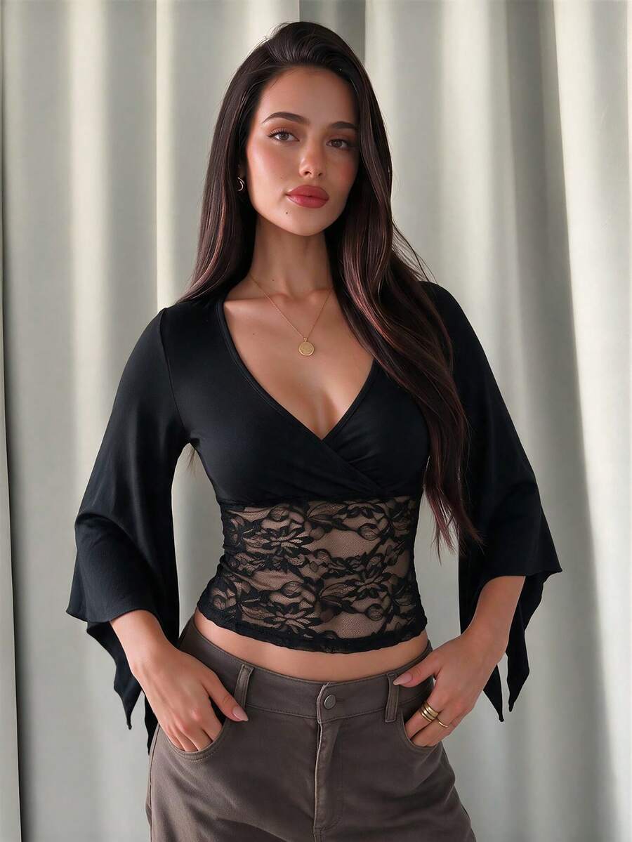 Women's V-Neck Front Cross Flared Sleeve Cropped Top, Contrast Color Lace Mesh Patchwork Slim Fit Blouse, Suitable For Nightclub Outings And Casual Date Wear - See-through Black - View 1