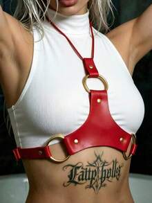 1pc Women's Black Punk Style Inverted Y-Shaped PU Leather Chest Harness Spaghetti Strap Body Accessory Decoration Suitable For Holiday Parties, Festivals, Concerts And Performances - Red - View 3