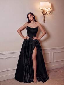 ADYCE Elegant Tube Top Waisted Backless Bodycon Tie-Back High-Slit Fishbone Train Gown Pleated Prom Gown Homecoming Wedding Guest Formal Dinner Christmas - Black - View 6