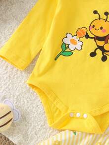 2pcs Baby Girl Cute Long Sleeve Bee Print Bodysuit + Flared Pants + Headband Set, Thin Spring/Autumn - Yellow - View 4