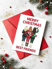 1pc Christmas Card With Envelope, "Merry Christmas Good Friend" Ugly Sweater Theme Holiday Card, Christmas Party Gift For Good Friend, Blank Inside - Multicolor - View 6