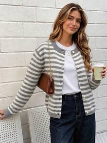 Fall Casual Women Striped Knit Cardigan Soft Round Neck Button Front Long Sleeve Loose Fit Winter Knitted Sweater Jacket For Daily - Multicolor - View 1