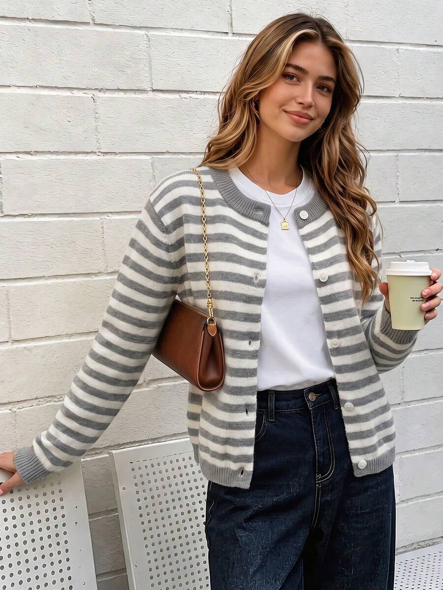 Fall Casual Women Striped Knit Cardigan Soft Round Neck Button Front Long Sleeve Loose Fit Winter Knitted Sweater Jacket For Daily - Multicolor - View 1