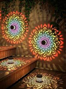 Mandala Lantern Warm Light/Colored Light/White Light, Solar Powered Outdoor Projection Wall Light, Mandala Theme LED Solar Light, Suitable For Garden, Patio And Stair Lighting, As Well As Yard, Backyard And Front Door Decoration - Warm Colors - View 3