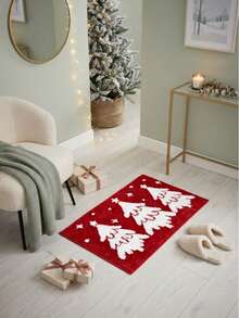 1pc Red Christmas Tree Rug, Faux Cashmere Carpet, Christmas, Home Decor, Room Decor, Christmas Home Decor, Autumn Home Decor, Home Supplies, Doormat, Living Room Rug, Kitchen Mat, Kitchen Decor, Bedroom Decor, Bathroom Decor, Bathroom Mat, Easy To Clean - Multicolor - View 4