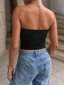 Mystra Summer Solid Color Wrap Chest Backless Ruched U-Shaped Buckle Water Drop Hollow Design Sexy Elegant Fitted Tube Top Casual Black - Black - View 4