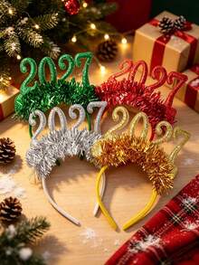4件組 2027新年跨年假期髮箍－鮮豔多彩亮面多色髮飾，飾有金屬線與亮片，適合聖誕派對與新年慶祝，聖誕髮飾 - 彩色 - 查看 4