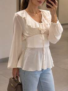 Women's Ruffle Layered Blouse Fall Beige Long Sleeve Shirt Button Up Sheer Chiffon Top Autumn Peplum V Neck Boho Going Out Tops Pleats Elegant Blouses - Beige - View 3