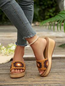 Women Crochet Lace Wedge Slide Sandals, Bohemian Open Toe Platform Slip On Summer Slippers - Orange - View 4
