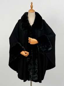1pc Solid Color Fur Collar Loose Knit Cardigan Shawl Cape Outerwear - Multicolor - View 6
