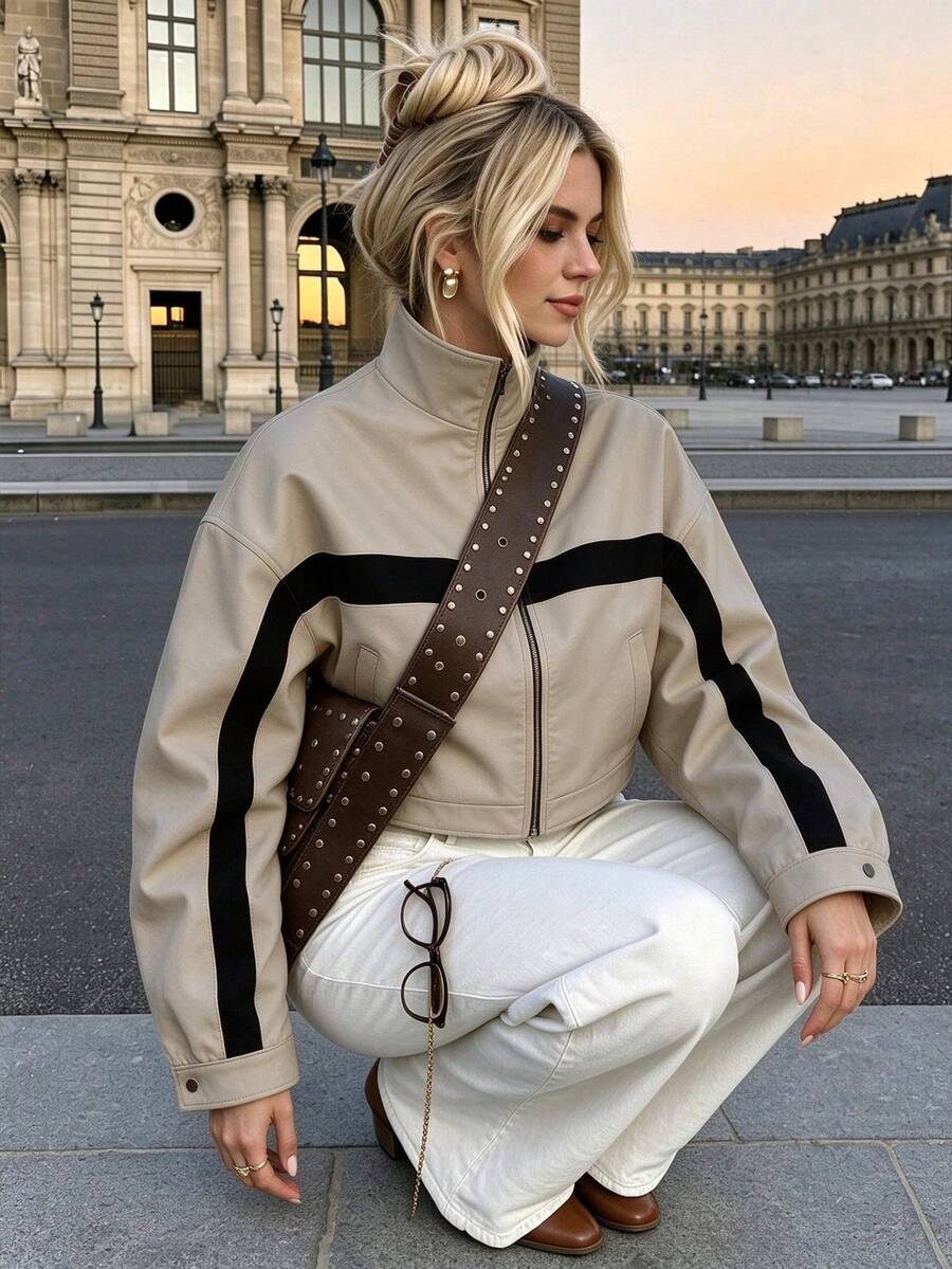 Autumn/Winter Colorblock Lapel Long Sleeve Loose Casual Jacket, Urban Commute Office Streetwear Style Outerwear, Dopamine Style