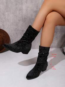 Botas de tobillo con punta y fruncido, con patrón de remolino de strass negro, botas de tacón grueso para mujeres europeas y americanas para fiestas - Negro - Ver 14