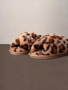 Hatastic Women's Cross Strap Anti-Slip Wear-Resistant Solid Color Open Toe Low Heel Fuzzy Slippers, Comfortable Faux Fur House, Winter - Leopard Brown - View 3