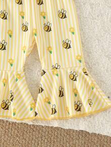 2pcs Baby Girl Cute Long Sleeve Bee Print Bodysuit + Flared Pants + Headband Set, Thin Spring/Autumn - Yellow - View 5
