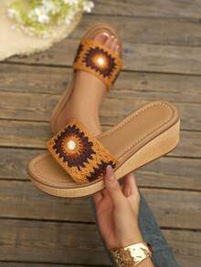 Women Crochet Lace Wedge Slide Sandals, Bohemian Open Toe Platform Slip On Summer Slippers - Orange - View 1