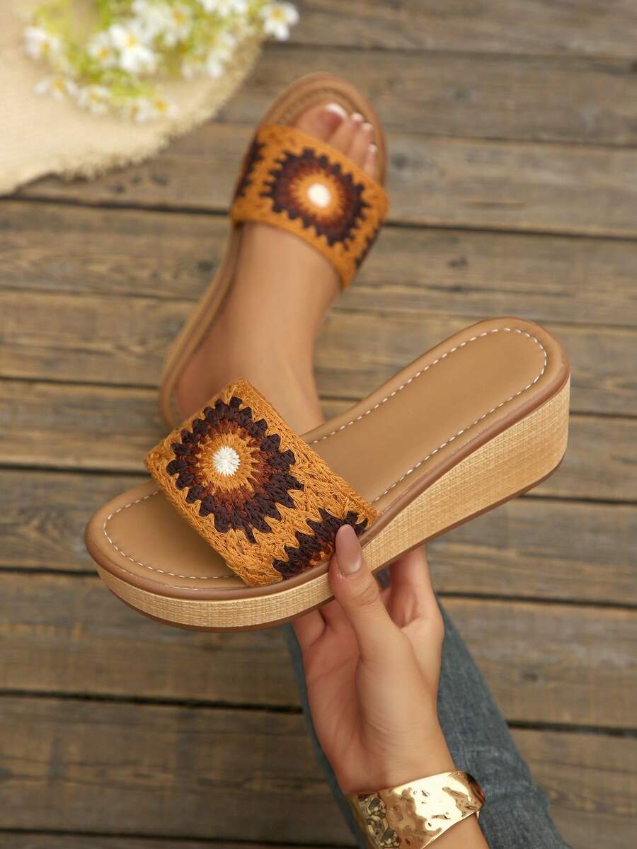 Women Crochet Lace Wedge Slide Sandals, Bohemian Open Toe Platform Slip On Summer Slippers - Orange - View 1