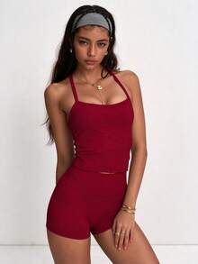 PinkTip Convertible Cross Neck Top And High Waist Biker Shorts Set, 4-Way Stretch, Suitable For Gym, Yoga And Outdoor Sports, Red Summer Style - Red - View 3