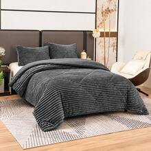Striped Sherpa Comforter With Knitted Texture, Thick Soft Polyester Bedding Set, Thermal Quilt For Bedroom, Available In 220x240cm And 240x260cm - Dark Gray - View 6