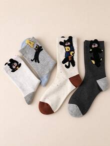 5 Pairs Random Assorted Women's Mid-Calf Socks, All-Season Flocked Cat Cartoon Mid-Calf Socks, Fashionable And Minimalist, Fun And Playful, Soft And Comfortable Fabric, Skin-Friendly And Non-Irritating, Breathable And Non-Stuffy, Suitable For Various Occasions - Multicolor - View 4