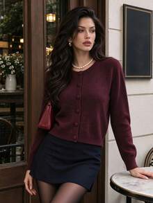 Aflion Women's Fall Winter Purple Crew Neck Button Front Short Cardigan Knit Sweater For Campus, Date And Christmas - Purple - View 9